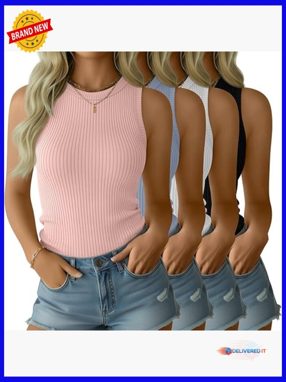 4 Pack Women's High Neck Tank Tops Ribbed Sleeveless Cotton Slim Fit Knit